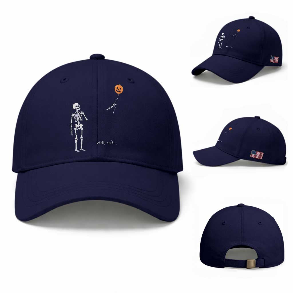 Well Shit Skeleton Holding Balloon Pumpkin Gothic Halloween Baseball Cap Funny Saying Quote