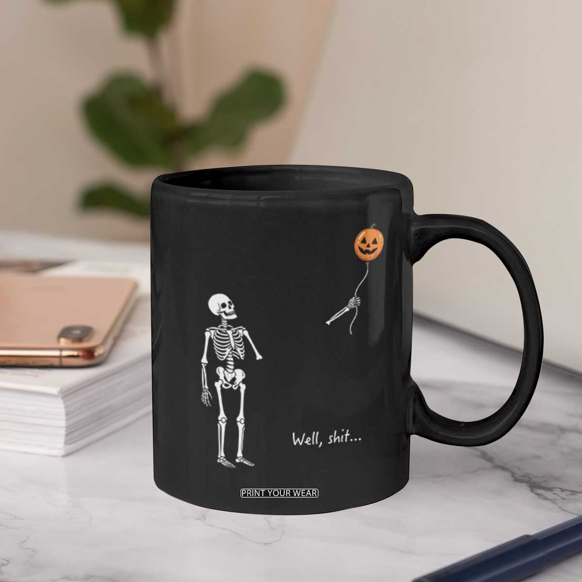 Well Shit Skeleton Holding Balloon Pumpkin Gothic Halloween Coffee Mug Funny Saying Quote