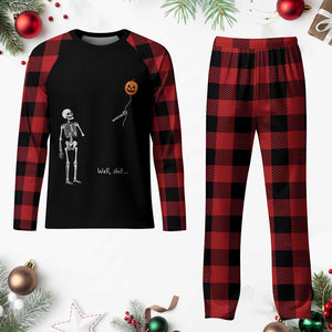 Well Shit Skeleton Holding Balloon Pumpkin Gothic Halloween Plaid Pajama Set Funny Saying Quote