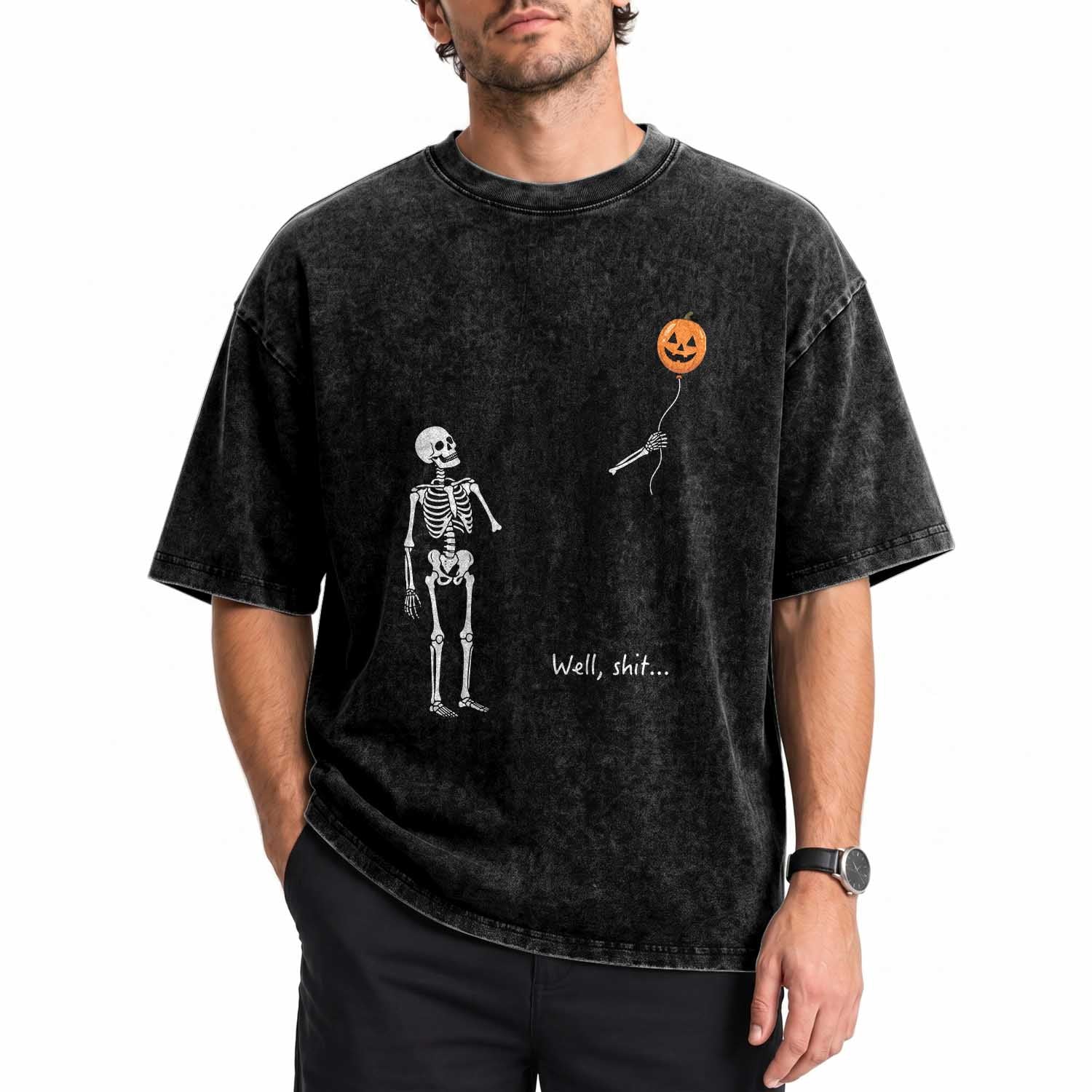 Well Shit Skeleton Holding Balloon Pumpkin Gothic Halloween Washed Cotton T-Shirt Funny Saying Quote