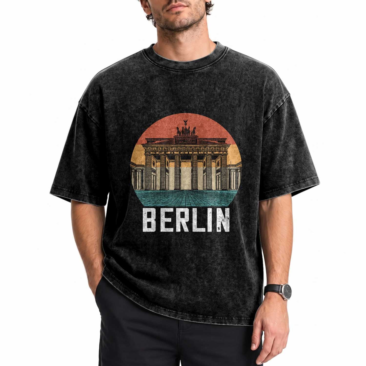 Berlin Germany Vintage Travel Brandenburg Gate European Vacation Souvenir Washed Cotton T-Shirt