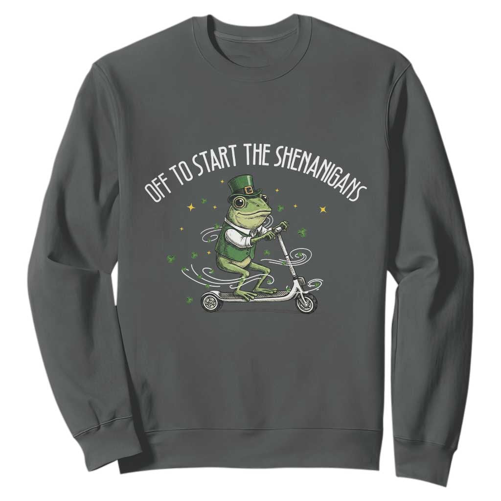 Funny Frog St Patricks Day Meme Sweatshirt Off To Start The Shenanigans TS14 Dark Heather Print Your Wear