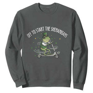 Funny Frog St Patricks Day Meme Sweatshirt Off To Start The Shenanigans TS14 Dark Heather Print Your Wear
