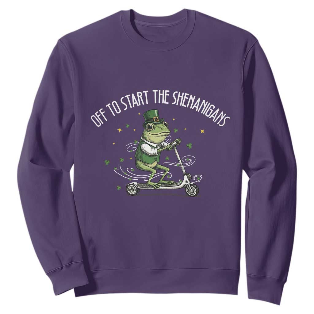 Funny Frog St Patricks Day Meme Sweatshirt Off To Start The Shenanigans TS14 Purple Print Your Wear