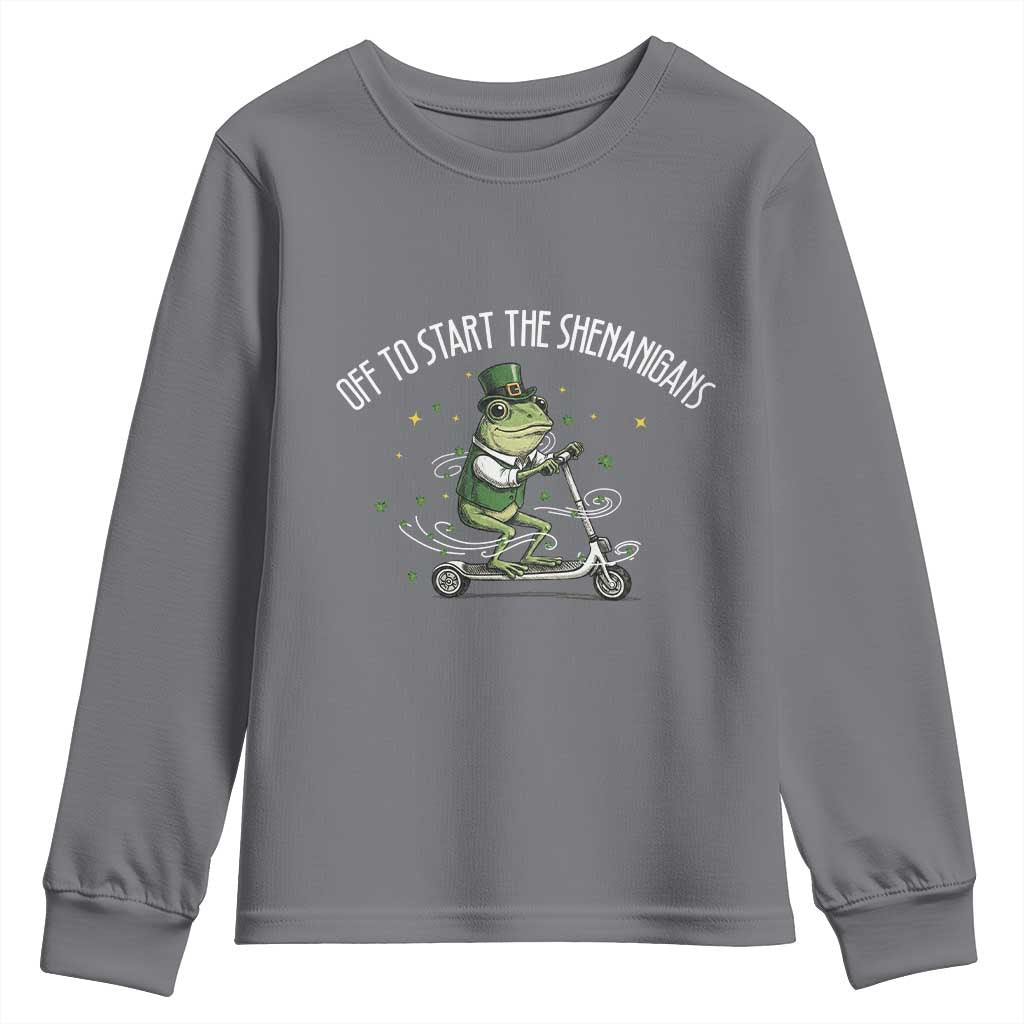 Funny Frog St Patricks Day Meme Youth Sweatshirt Off To Start The Shenanigans TS14 Charcoal Print Your Wear