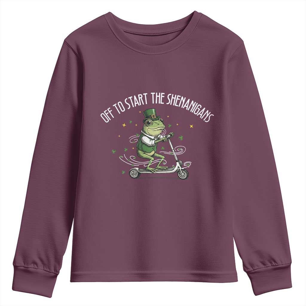 Funny Frog St Patricks Day Meme Youth Sweatshirt Off To Start The Shenanigans TS14 Maroon Print Your Wear