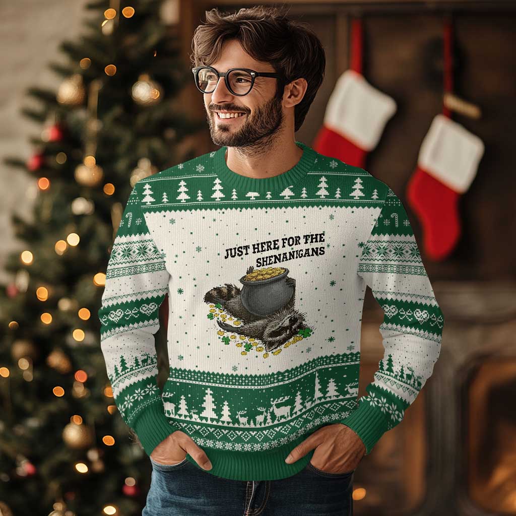 Funny Raccoon St Patricks Day Meme Ugly Christmas Sweater Just Here For The Shenanigans TS14 Beige Green Print Your Wear