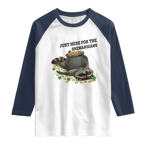 Funny Raccoon St Patricks Day Meme Raglan Shirt Just Here For The Shenanigans TS14 White Navy Print Your Wear
