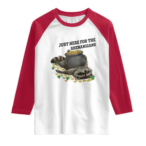 Funny Raccoon St Patricks Day Meme Raglan Shirt Just Here For The Shenanigans TS14 White Red Print Your Wear