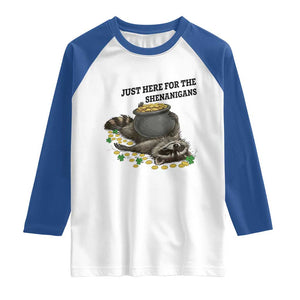 Funny Raccoon St Patricks Day Meme Raglan Shirt Just Here For The Shenanigans TS14 White Royal Print Your Wear