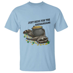Funny Raccoon St Patricks Day Meme T Shirt Just Here For The Shenanigans TS14 Light Blue Print Your Wear