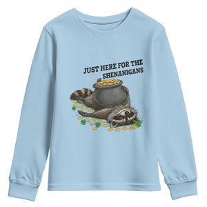 Funny Raccoon St Patricks Day Meme Youth Sweatshirt Just Here For The Shenanigans TS14 Light Blue Print Your Wear