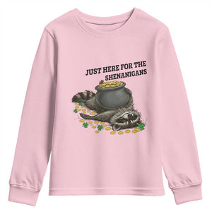 Funny Raccoon St Patricks Day Meme Youth Sweatshirt Just Here For The Shenanigans TS14 Light Pink Print Your Wear