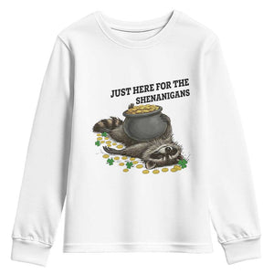 Funny Raccoon St Patricks Day Meme Youth Sweatshirt Just Here For The Shenanigans TS14 White Print Your Wear