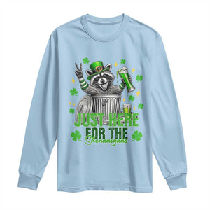 Funny Raccoon Drinking Beer St Patricks Day Long Sleeve Shirt Just Here For The Shenanigans TS14 Light Blue Print Your Wear
