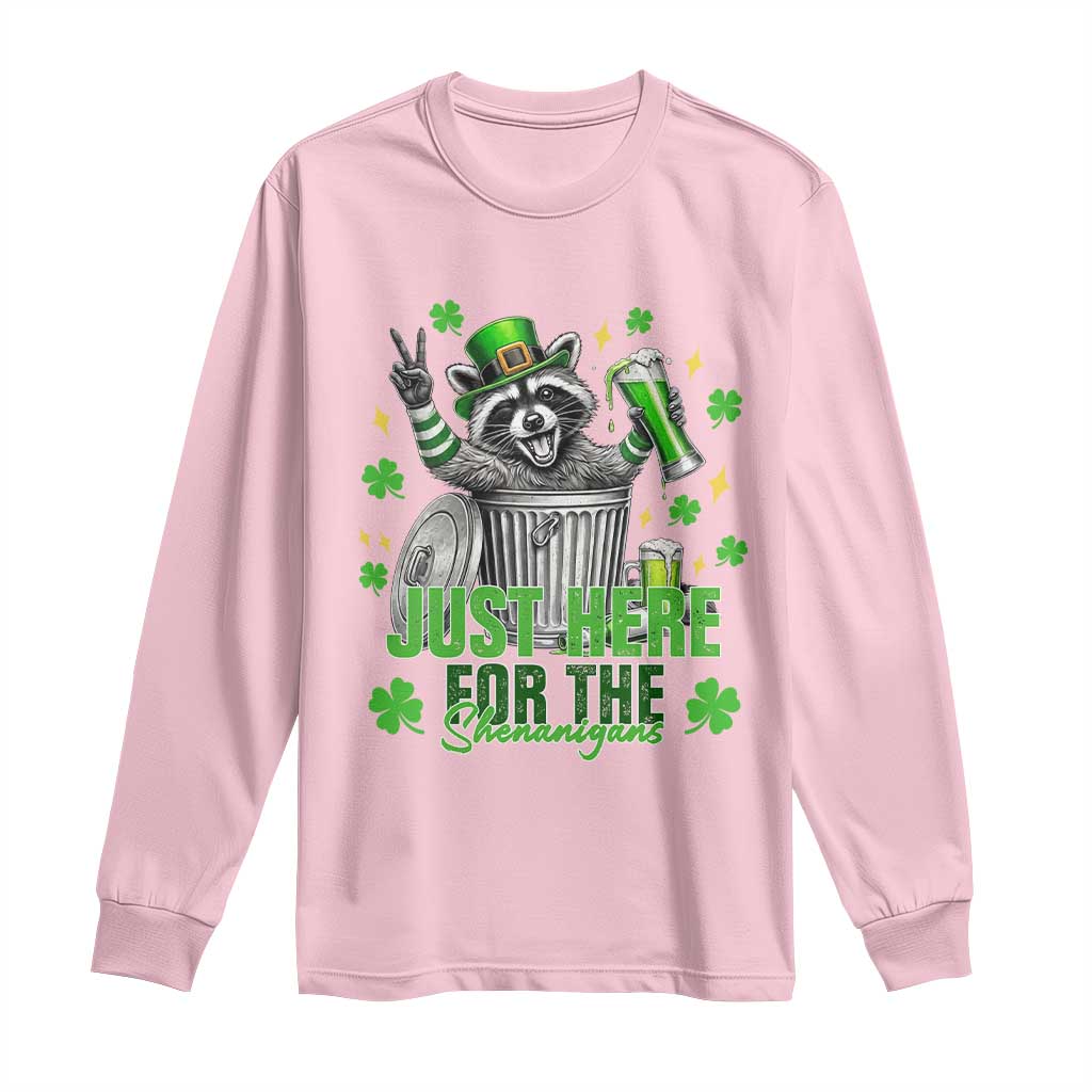 Funny Raccoon Drinking Beer St Patricks Day Long Sleeve Shirt Just Here For The Shenanigans TS14 Light Pink Print Your Wear