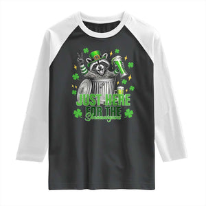 Funny Raccoon Drinking Beer St Patricks Day Raglan Shirt Just Here For The Shenanigans TS14 Black White Print Your Wear