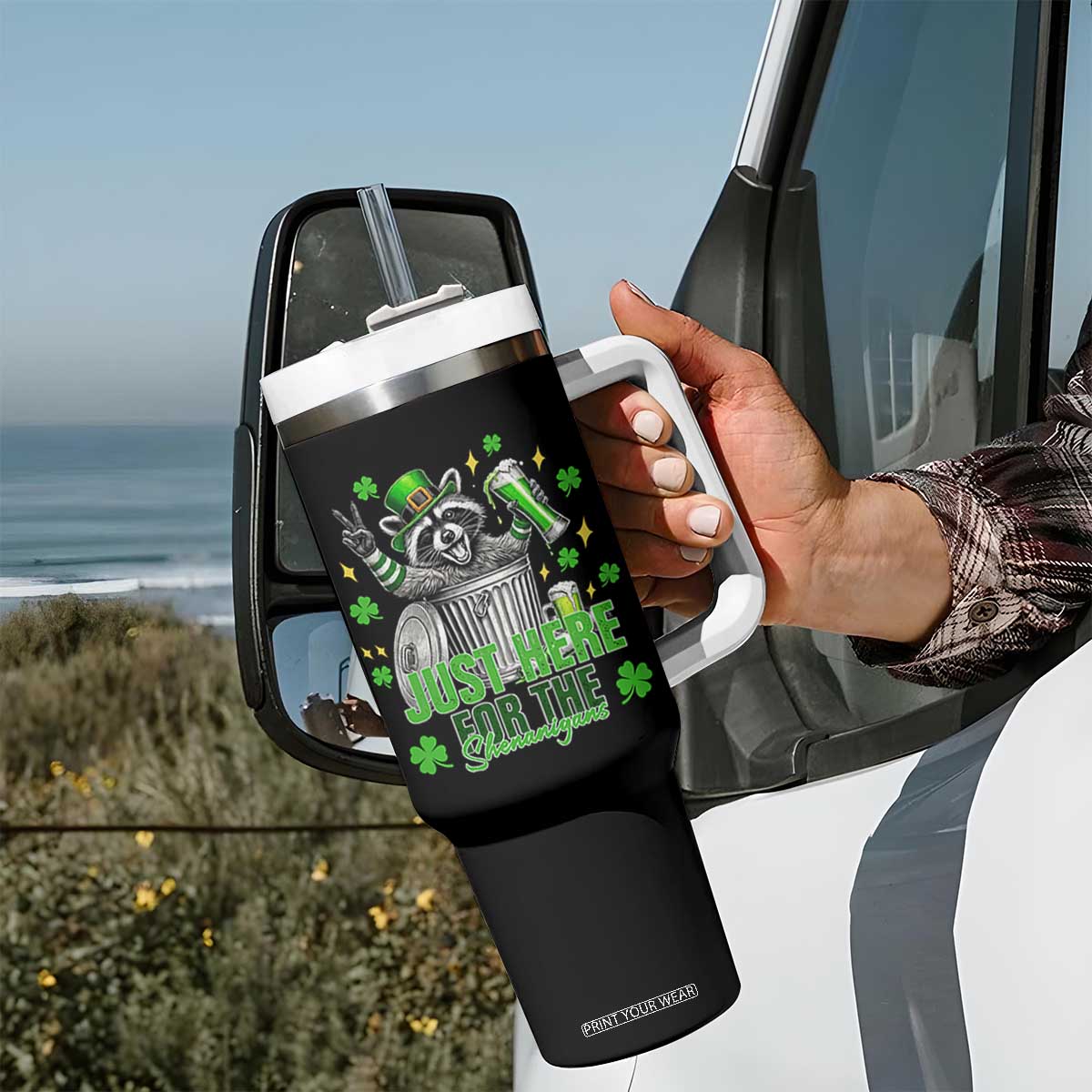 Funny Raccoon Drinking Beer St Patricks Day Tumbler With Handle Just Here For The Shenanigans TS14 Print Your Wear