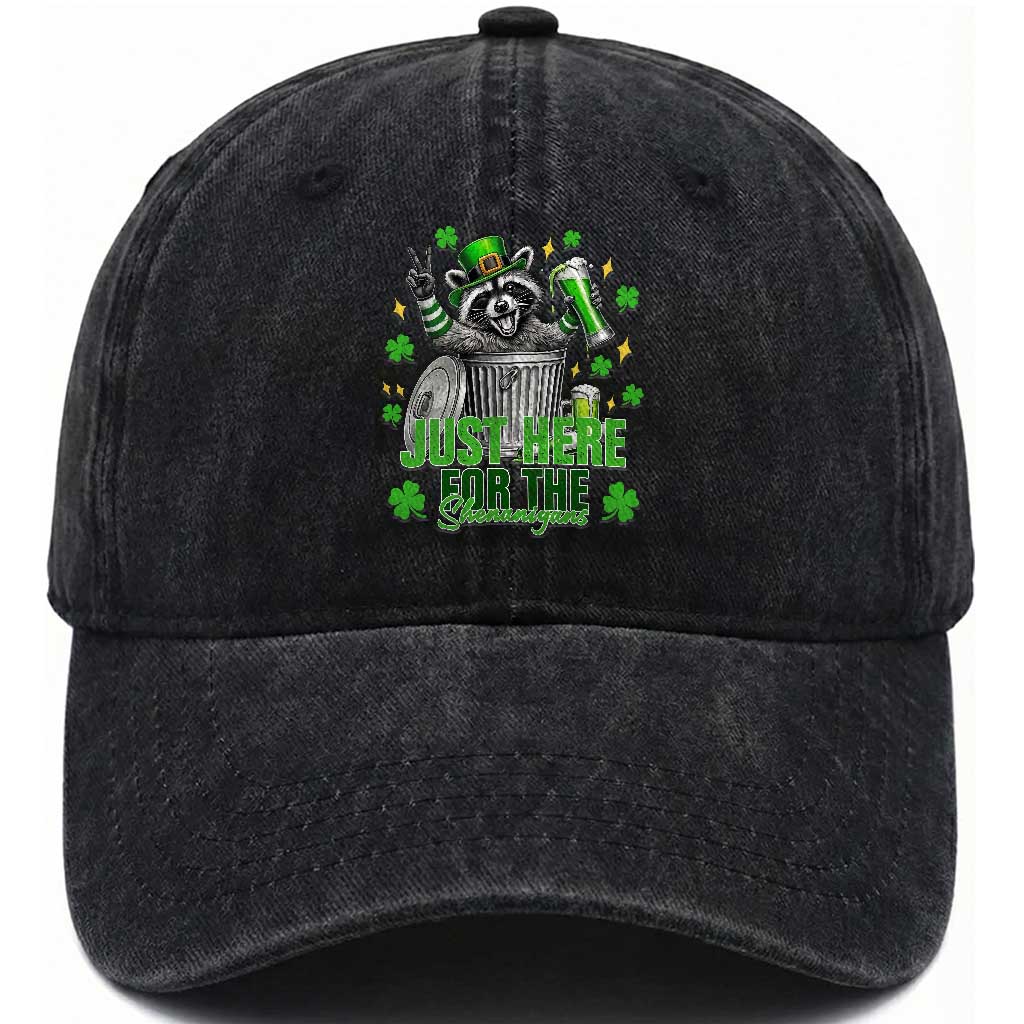 Funny Raccoon Drinking Beer St Patricks Day Washed Cotton Baseball Cap Just Here For The Shenanigans TS14 Washed Cap Universal Fit Black Print Your Wear
