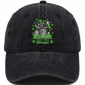 Funny Raccoon Drinking Beer St Patricks Day Washed Cotton Baseball Cap Just Here For The Shenanigans TS14 Washed Cap Universal Fit Black Print Your Wear