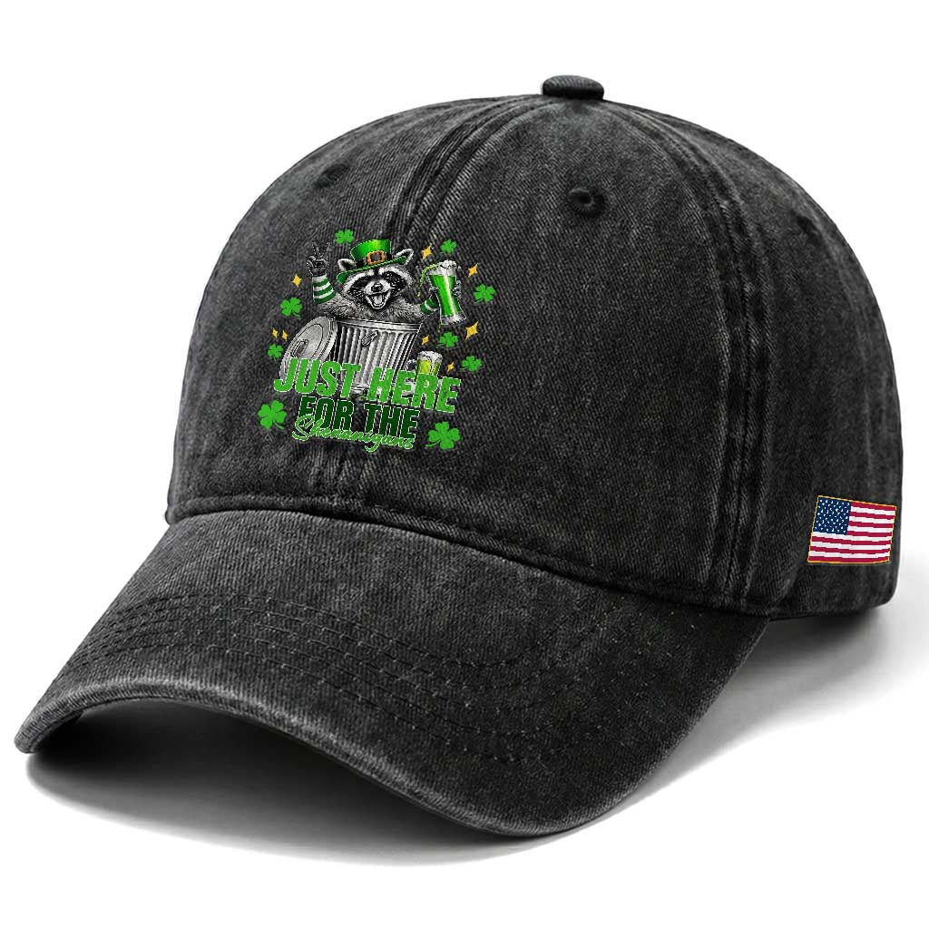 Funny Raccoon Drinking Beer St Patricks Day Washed Cotton Baseball Cap Just Here For The Shenanigans TS14 Print Your Wear