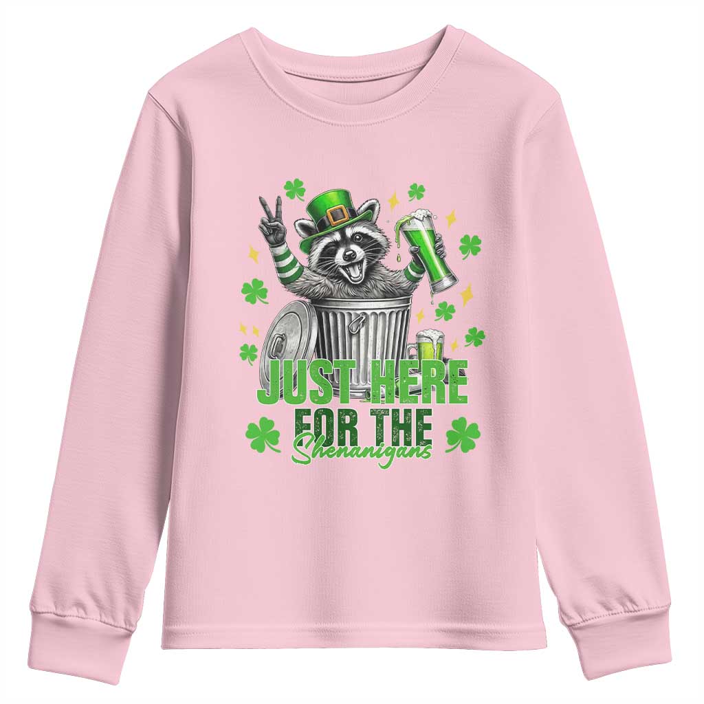 Funny Raccoon Drinking Beer St Patricks Day Youth Sweatshirt Just Here For The Shenanigans TS14 Light Pink Print Your Wear