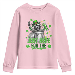 Funny Raccoon Drinking Beer St Patricks Day Youth Sweatshirt Just Here For The Shenanigans TS14 Light Pink Print Your Wear