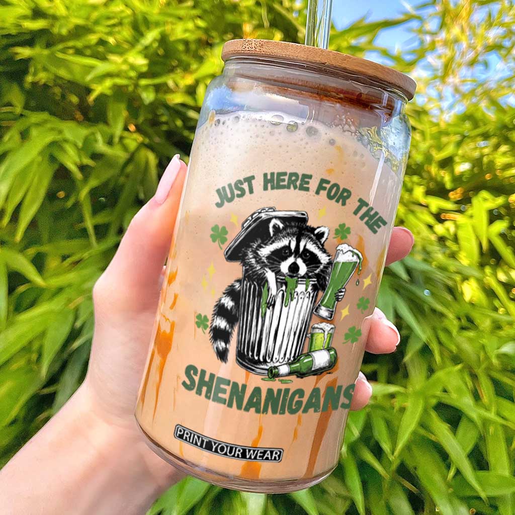 Funny Raccoon St Patricks Day Meme Glass Can Trash Panda Just Here For The Shenanigans TS14 White Print Your Wear