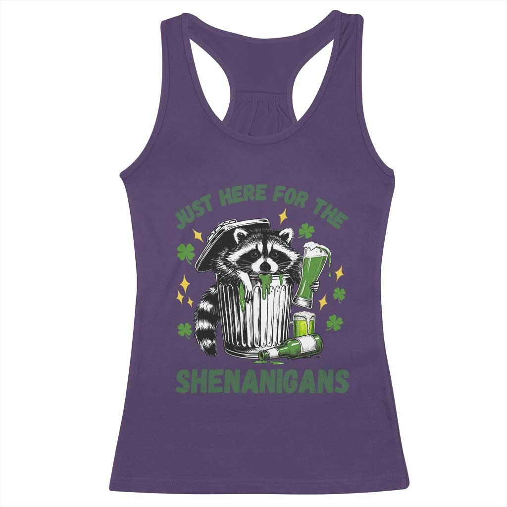 Funny Raccoon St Patricks Day Meme Racerback Tank Top Trash Panda Just Here For The Shenanigans TS14 Purple Print Your Wear