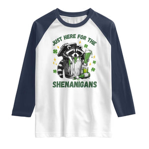 Funny Raccoon St Patricks Day Meme Raglan Shirt Trash Panda Just Here For The Shenanigans TS14 White Navy Print Your Wear