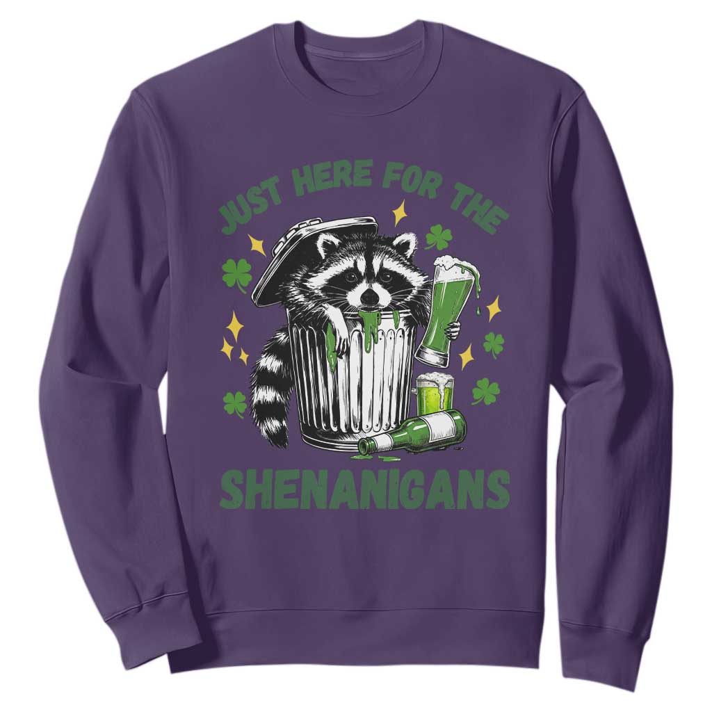 Funny Raccoon St Patricks Day Meme Sweatshirt - Trash Panda Just Here For The Shenanigans TS14 Purple Print Your Wear