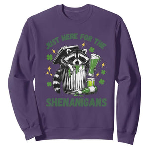 Funny Raccoon St Patricks Day Meme Sweatshirt - Trash Panda Just Here For The Shenanigans TS14 Purple Print Your Wear