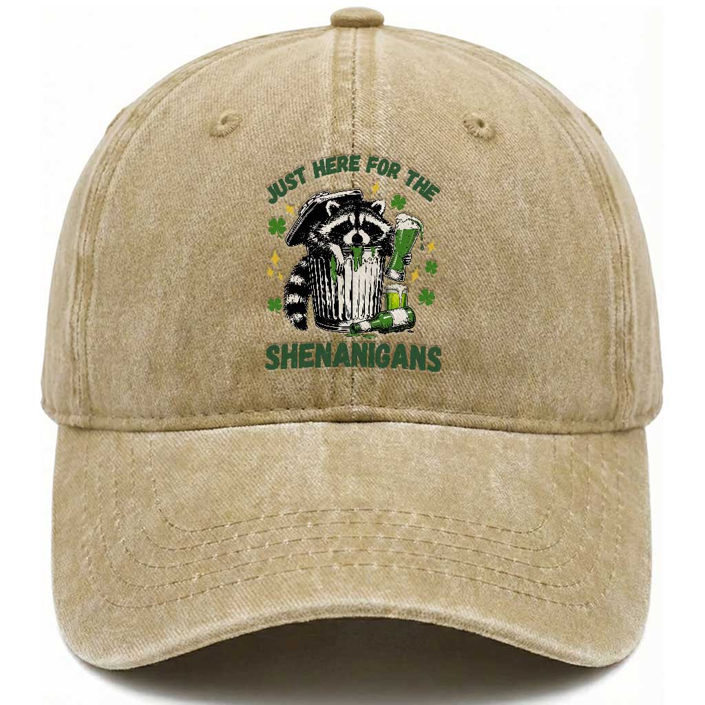 Funny Raccoon St Patricks Day Meme Washed Cotton Baseball Cap Trash Panda Just Here For The Shenanigans TS14 Washed Cap Universal Fit Khaki Print Your Wear