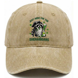 Funny Raccoon St Patricks Day Meme Washed Cotton Baseball Cap Trash Panda Just Here For The Shenanigans TS14 Washed Cap Universal Fit Khaki Print Your Wear