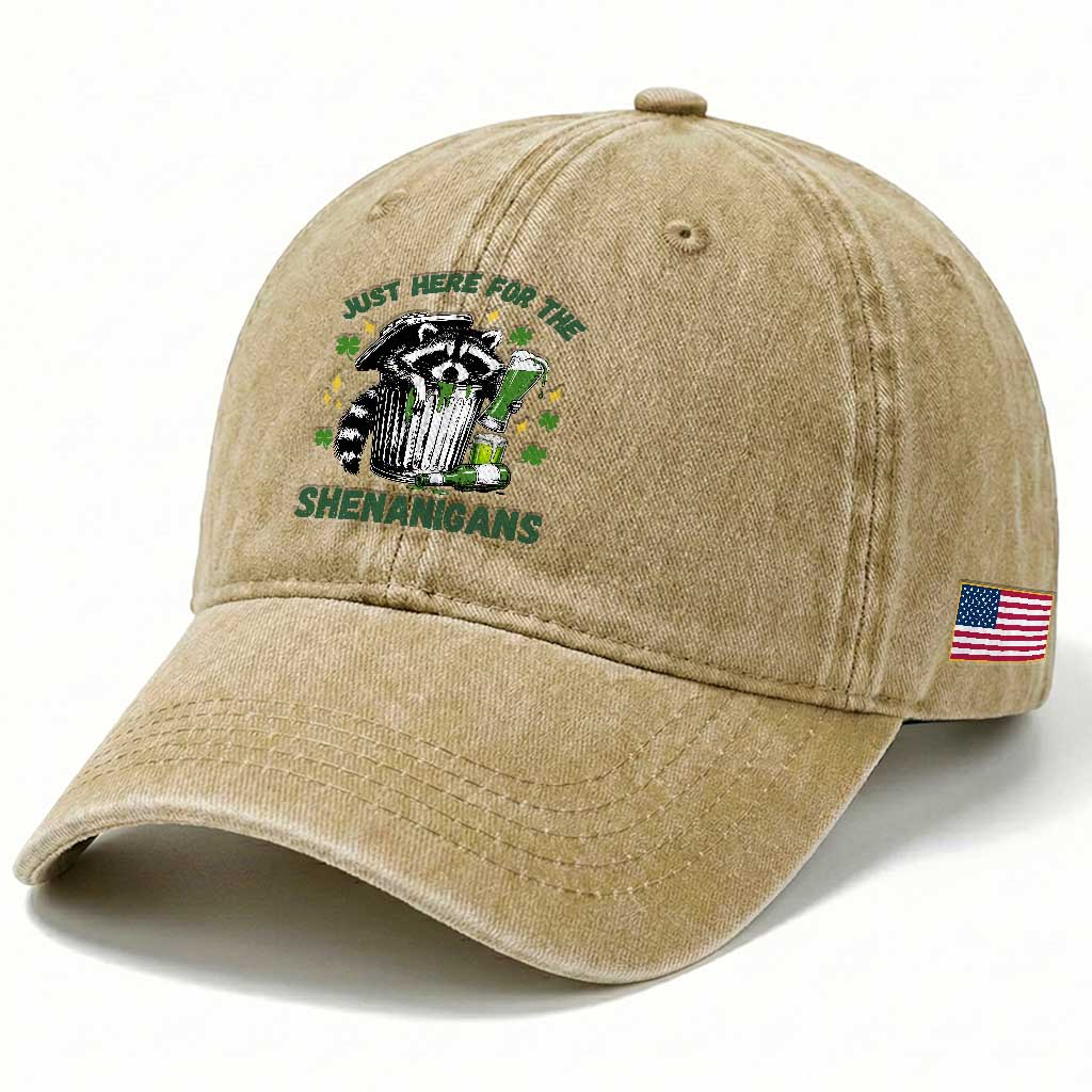 Funny Raccoon St Patricks Day Meme Washed Cotton Baseball Cap Trash Panda Just Here For The Shenanigans TS14 Print Your Wear