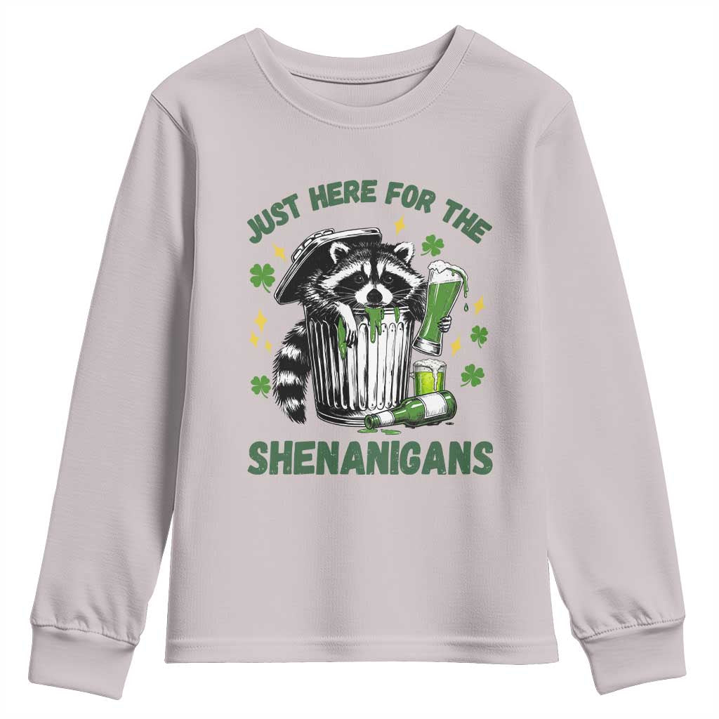 Funny Raccoon St Patricks Day Meme Youth Sweatshirt Trash Panda Just Here For The Shenanigans TS14 Ice Gray Print Your Wear