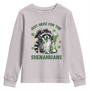 Funny Raccoon St Patricks Day Meme Youth Sweatshirt Trash Panda Just Here For The Shenanigans TS14 Ice Gray Print Your Wear
