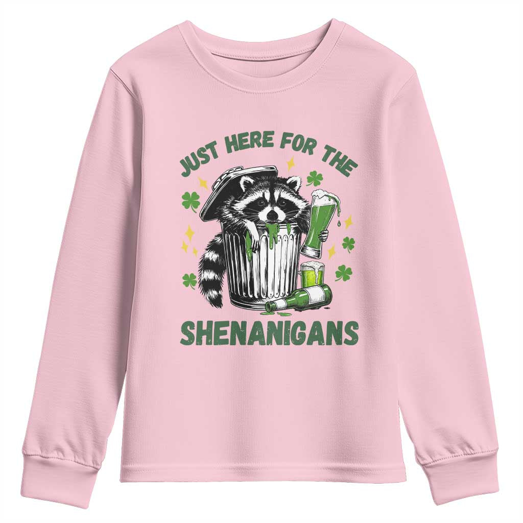 Funny Raccoon St Patricks Day Meme Youth Sweatshirt Trash Panda Just Here For The Shenanigans TS14 Light Pink Print Your Wear