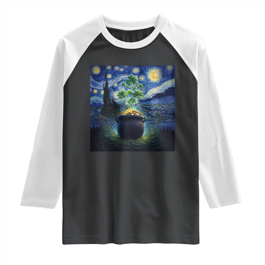St Patricks Day Starry Night Shamrock Van Gogh Art Raglan Shirt TS14 Black White Print Your Wear