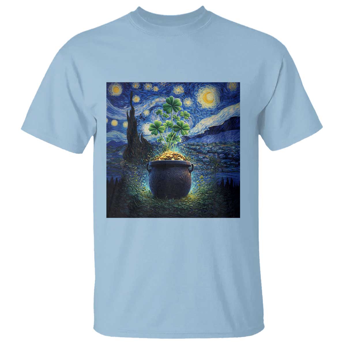 St Patricks Day Starry Night Shamrock Van Gogh Art T Shirt TS14 Light Blue Print Your Wear