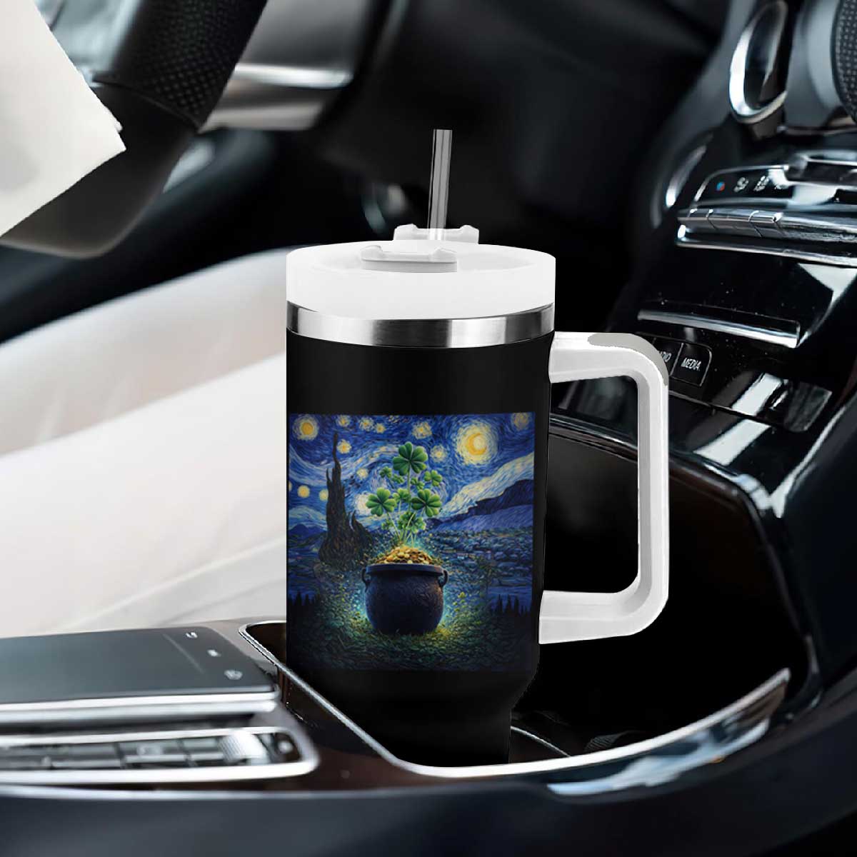 St Patricks Day Starry Night Shamrock Van Gogh Art Tumbler With Handle TS14 Print Your Wear
