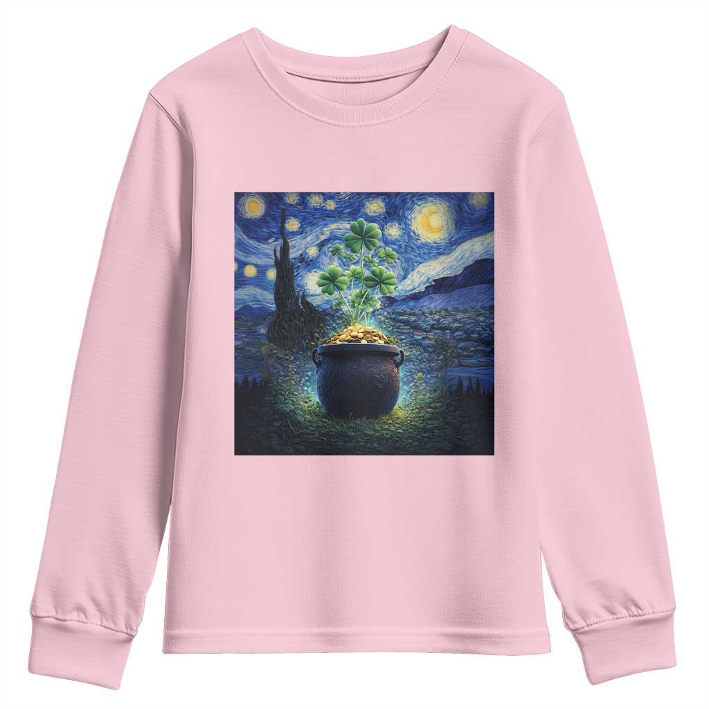 St Patricks Day Starry Night Shamrock Van Gogh Art Youth Sweatshirt TS14 Light Pink Print Your Wear