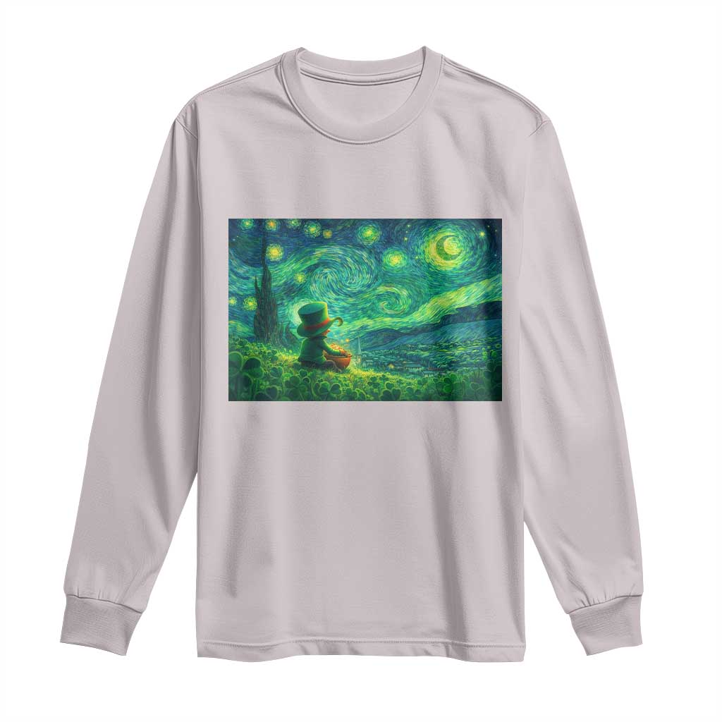 St Patricks Day Starry Night Leprechaun Shamrock Van Gogh Long Sleeve Shirt TS14 Ice Gray Print Your Wear
