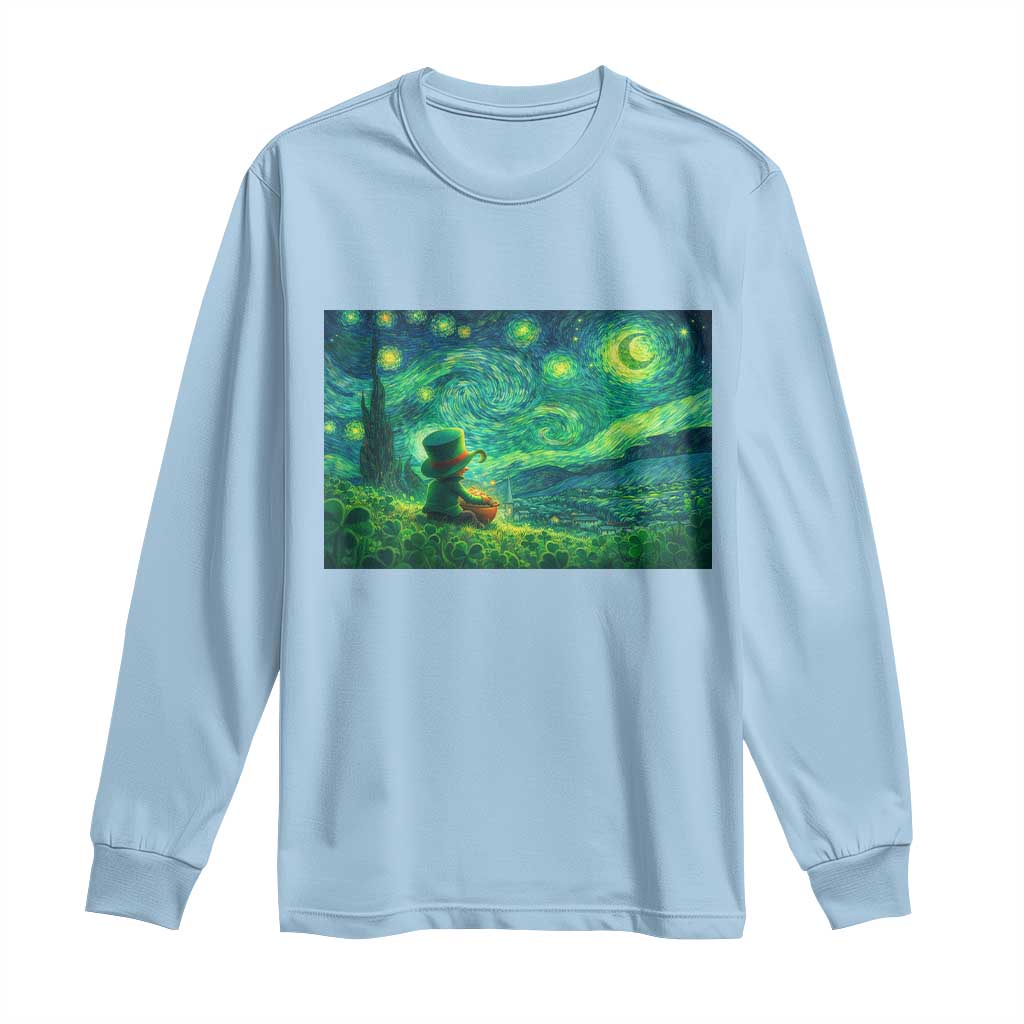 St Patricks Day Starry Night Leprechaun Shamrock Van Gogh Long Sleeve Shirt TS14 Light Blue Print Your Wear