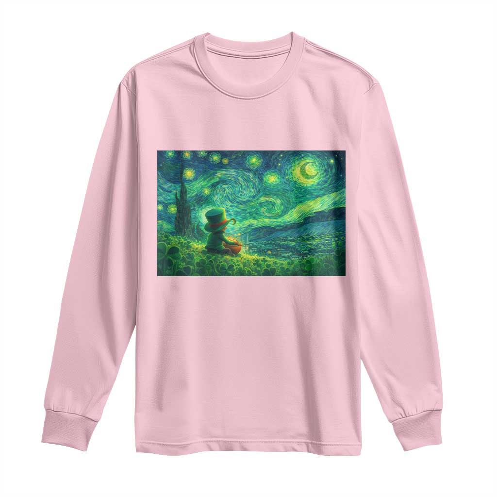 St Patricks Day Starry Night Leprechaun Shamrock Van Gogh Long Sleeve Shirt TS14 Light Pink Print Your Wear