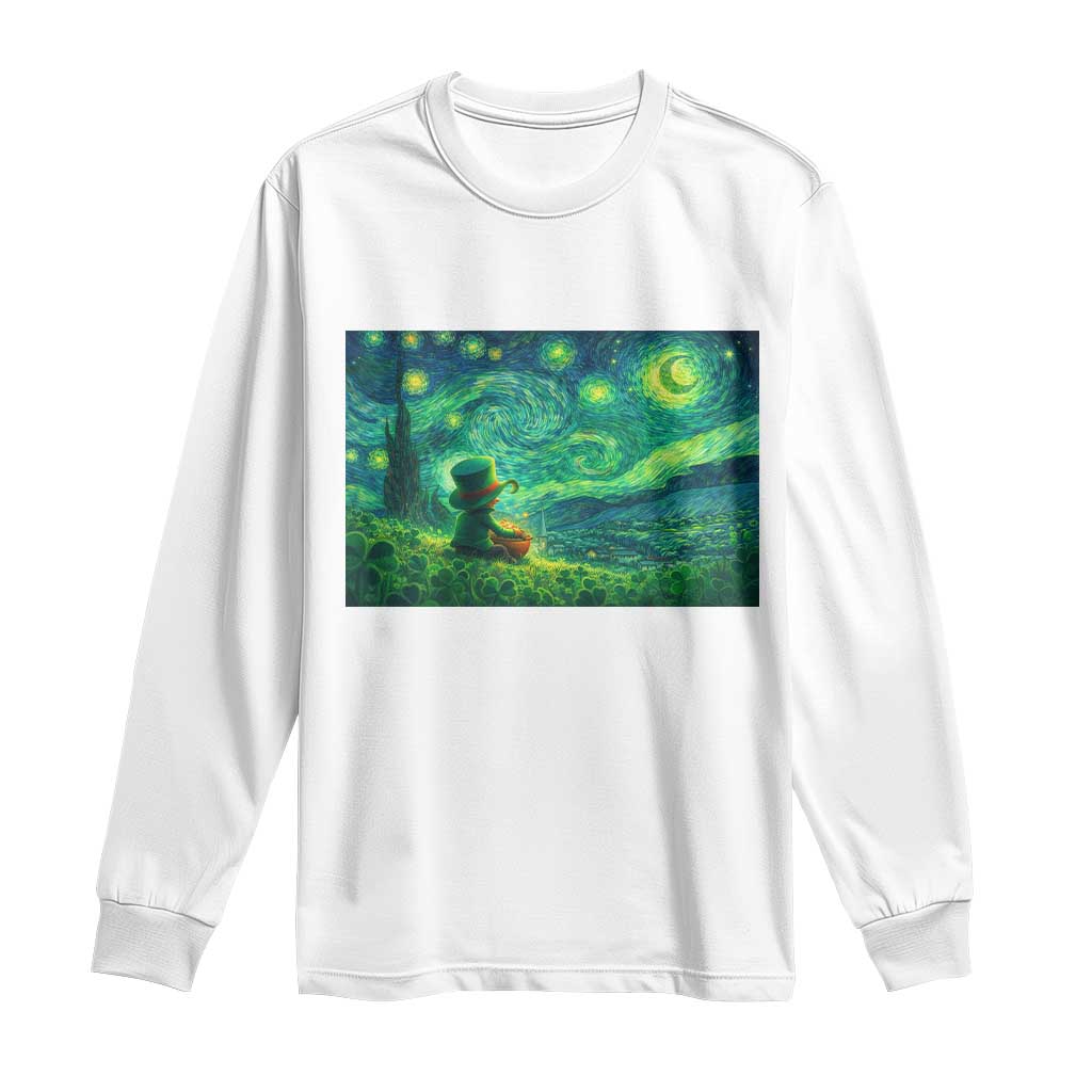 St Patricks Day Starry Night Leprechaun Shamrock Van Gogh Long Sleeve Shirt TS14 White Print Your Wear