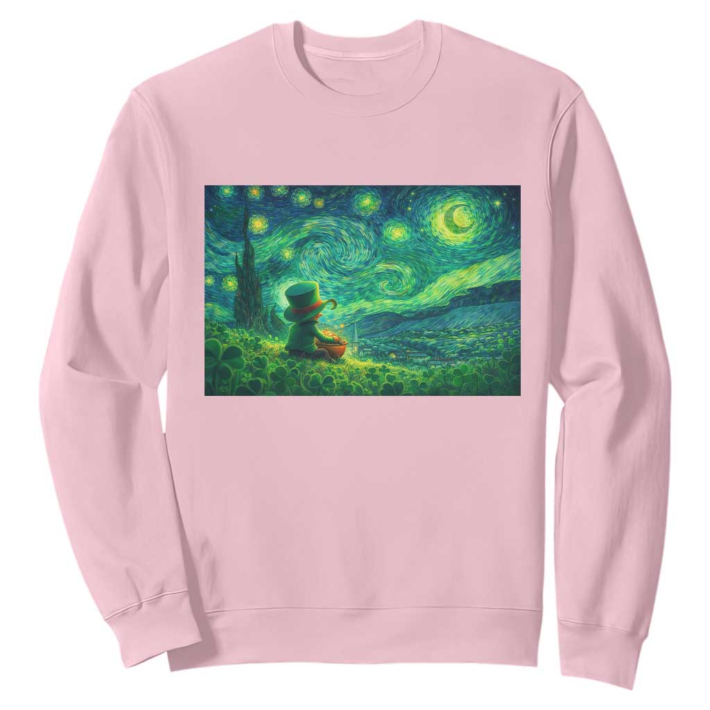 St Patricks Day Starry Night Leprechaun Shamrock Van Gogh Sweatshirt TS14 Light Pink Print Your Wear