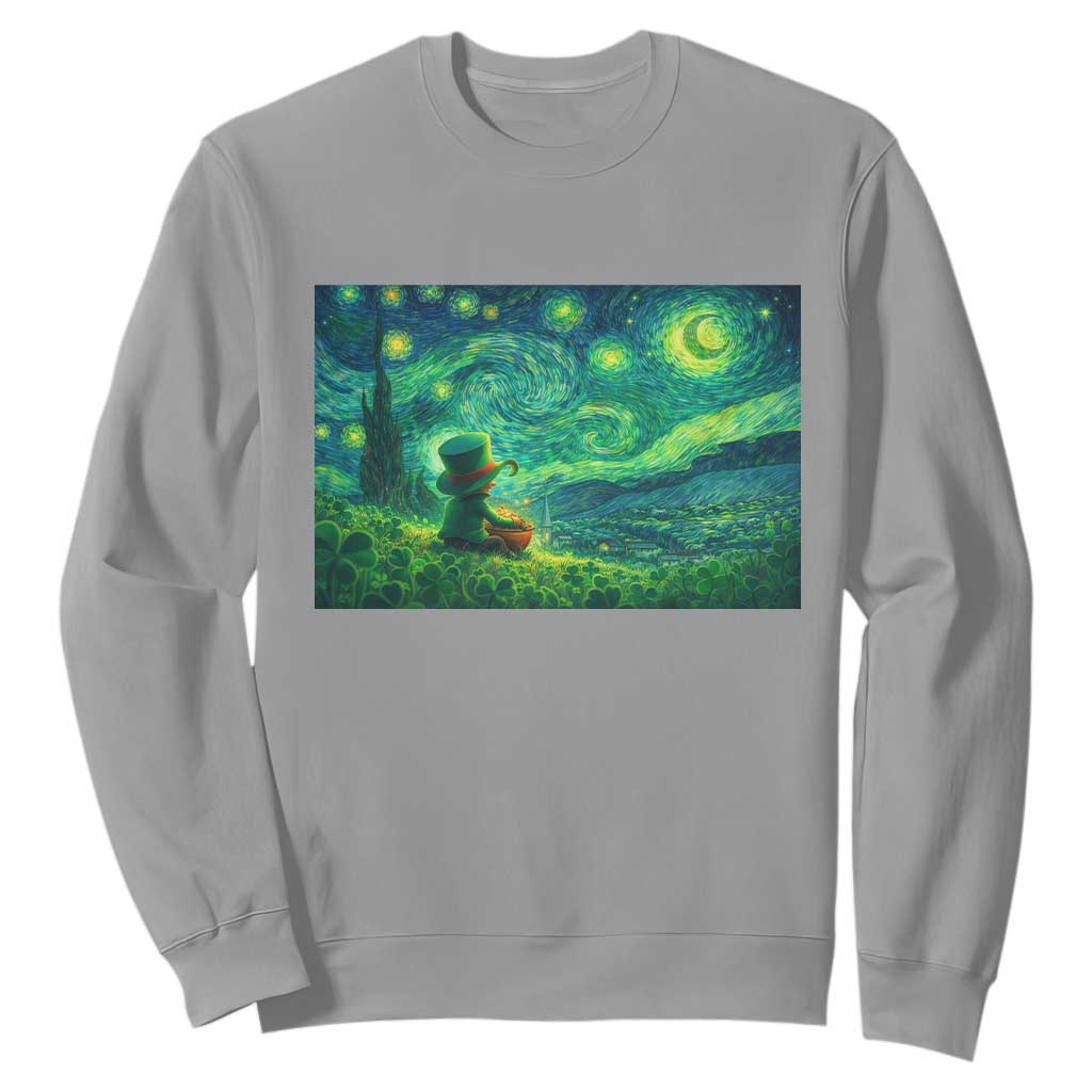 St Patricks Day Starry Night Leprechaun Shamrock Van Gogh Sweatshirt TS14 Sport Gray Print Your Wear