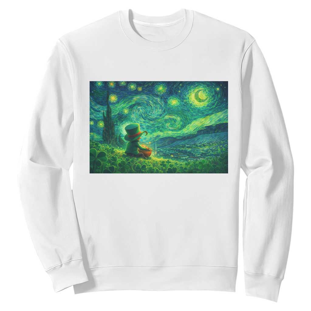 St Patricks Day Starry Night Leprechaun Shamrock Van Gogh Sweatshirt TS14 White Print Your Wear