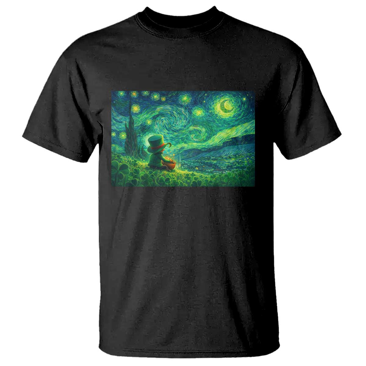 St Patricks Day Starry Night Leprechaun Shamrock T Shirt TS14 Black Print Your Wear